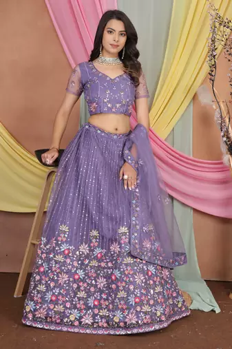 Lavender Butter Net Sequins Embroidered Designer Wedding Lehenga Choli