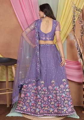 Lavender Butter Net Sequins Embroidered Designer Wedding Lehenga Choli 4