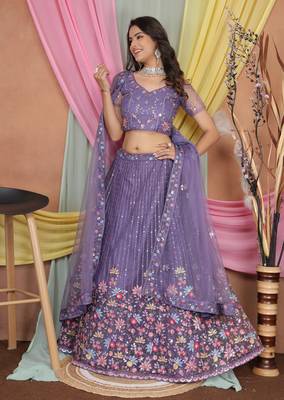 Lavender Butter Net Sequins Embroidered Designer Wedding Lehenga Choli 5