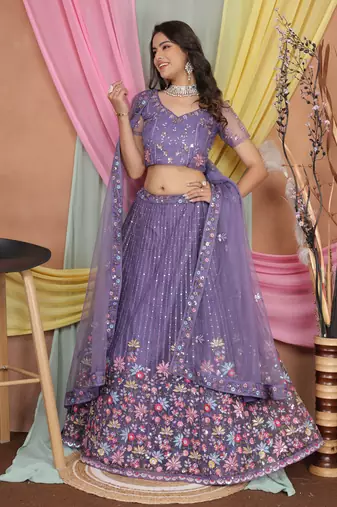 Lavender Butter Net Sequins Embroidered Designer Wedding Lehenga Choli
