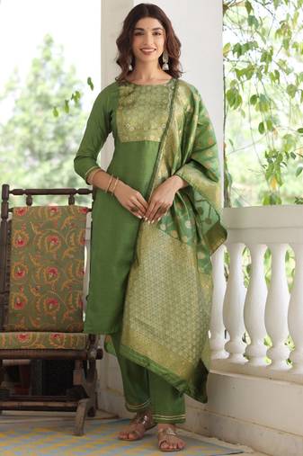 Women green printed poly silk stiched straight kurta trousers suit set