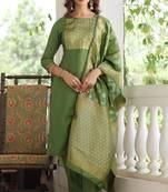 Women green printed poly silk stiched straight kurta trousers suit set