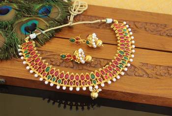 Designer gold plated kempu necklace set 2