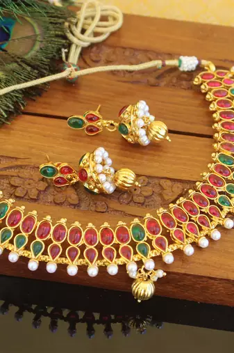 Designer gold plated kempu necklace set