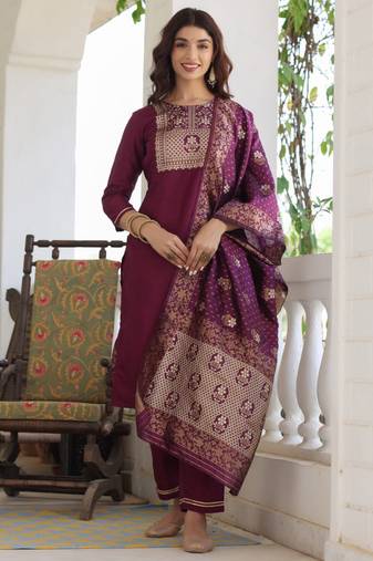Women purple printed poly silk stiched straight kurta trousers suit set