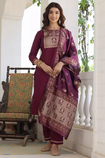 Women purple printed poly silk stiched straight kurta trousers suit set