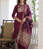 Women purple printed poly silk stiched straight kurta trousers suit set