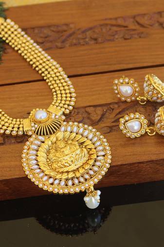 Designer gold plated temple necklace set