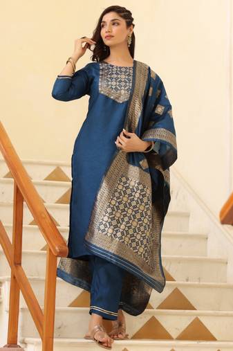 Women blue printed polyester stiched straight kurta trousers suit set