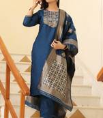 Women blue printed polyester stiched straight kurta trousers suit set