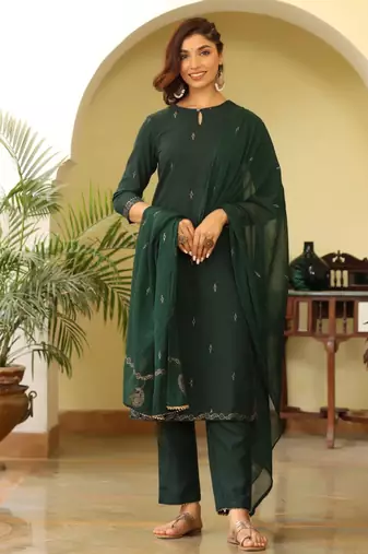 Women green printed poly silk stiched straight kurta trousers suit set