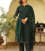 Women green printed poly silk stiched straight kurta trousers suit set