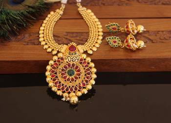 Designer gold plated kempu necklace set 2