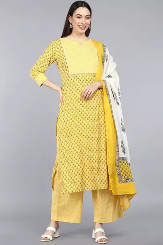 Women yellow printed pure cotton  stiched straight kurta palazzo suit set