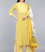 Women yellow printed pure cotton  stiched straight kurta palazzo suit set