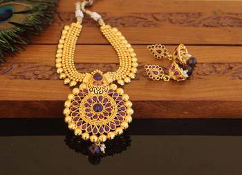 Designer gold plated kempu necklace set 2