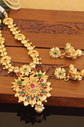 Designer gold plated peacock necklace set