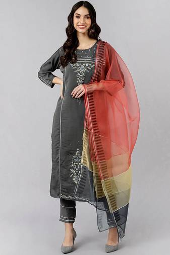 Women red embroidered poly silk stiched straight kurta trousers suit set