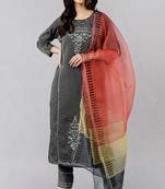 Women red embroidered poly silk stiched straight kurta trousers suit set