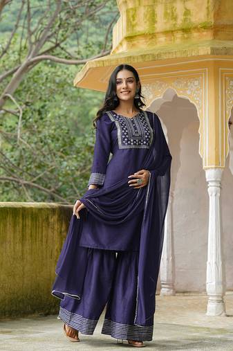 Women blue embroidered poly silk stiched straight kurta trousers suit set