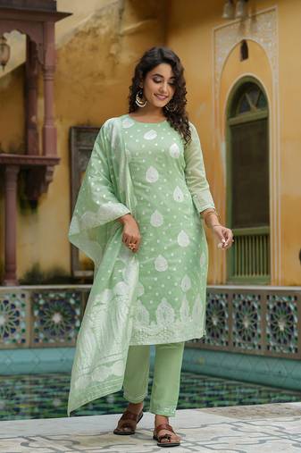 Women green printed poly silk stiched straight kurta trousers suit set