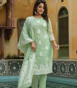 Women green printed poly silk stiched straight kurta trousers suit set