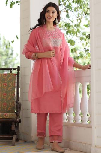 Women pink embroidered poly silk stiched straight kurta trousers suit set