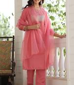 Women pink embroidered poly silk stiched straight kurta trousers suit set
