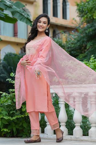 Women pink printed poly silk stiched straight kurta trousers suit set