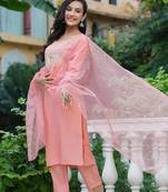 Women pink printed poly silk stiched straight kurta trousers suit set