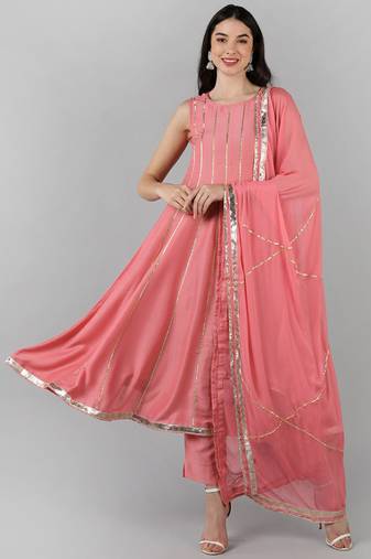 Women pink printed poly silk stiched anarkali kurta trousers suit set