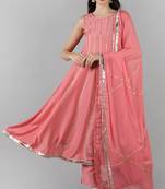 Women pink printed poly silk stiched anarkali kurta trousers suit set