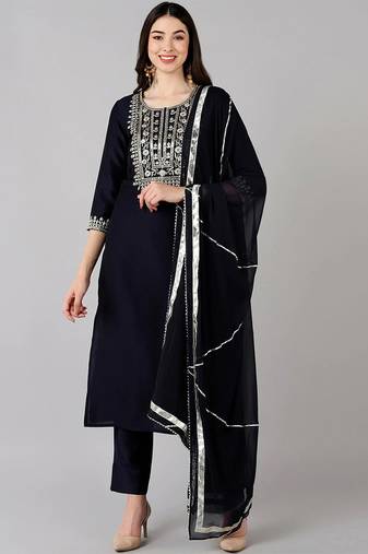 Women blue embroidered polyester stiched straight kurta trousers suit set