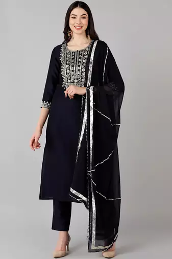 Women blue embroidered polyester stiched straight kurta trousers suit set