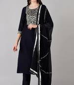 Women blue embroidered polyester stiched straight kurta trousers suit set