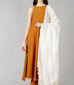 Women yellow printed poly silk stiched anarkali kurta churidar suit set