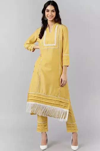 Women yellow printed polyester stiched straight kurta palazzo suit set