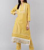Women yellow printed polyester stiched straight kurta palazzo suit set