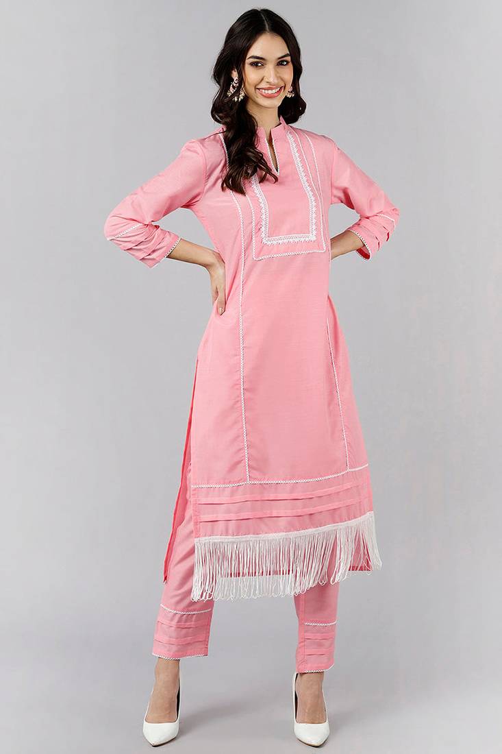 Women pink printed poly silk stiched straight kurta palazzo suit set