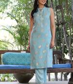 Women blue printed poly chanderi stiched straight kurta trousers suit set