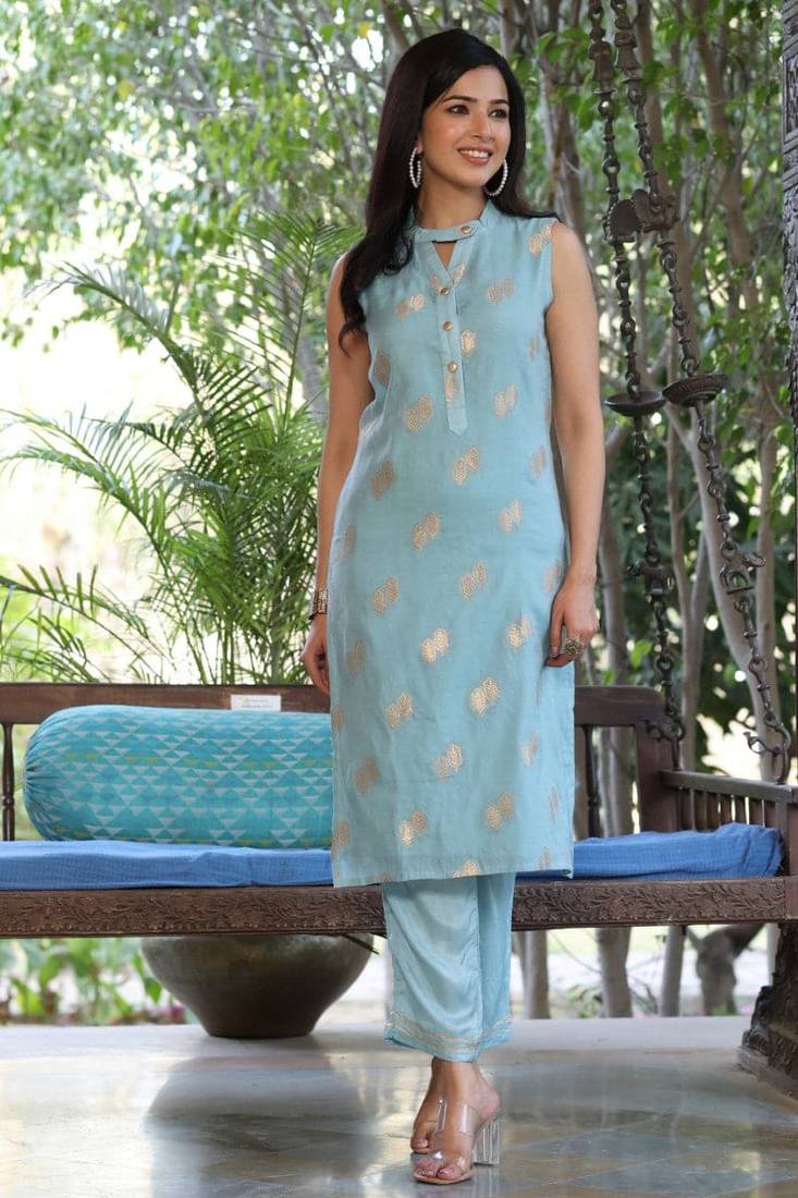 Women blue printed poly chanderi stiched straight kurta trousers suit set