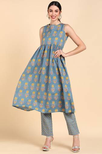 Women blue printed pure cotton  stiched anarkali kurta trousers suit set