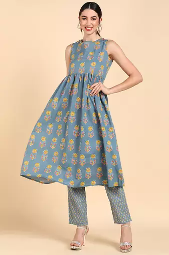 Women blue printed pure cotton  stiched anarkali kurta trousers suit set