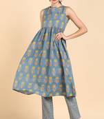 Women blue printed pure cotton  stiched anarkali kurta trousers suit set