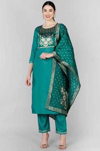 Women green embroidered poly silk stiched straight kurta trousers suit set