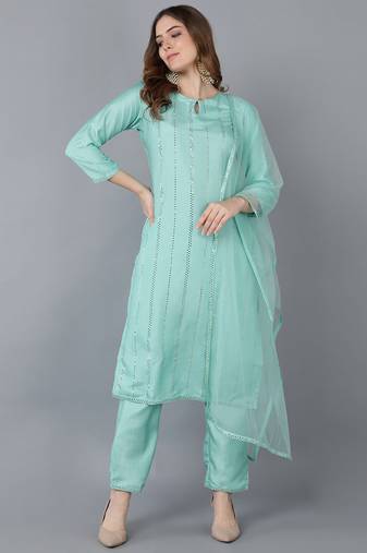 Women green embroidered poly silk stiched straight kurta trousers suit set
