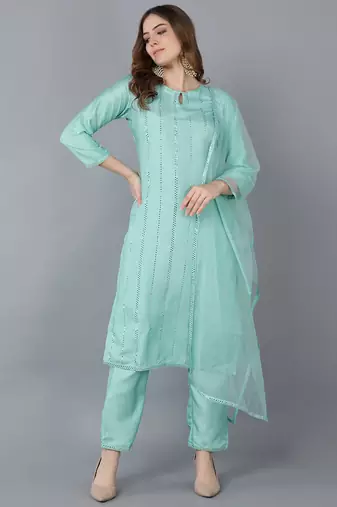 Women green embroidered poly silk stiched straight kurta trousers suit set