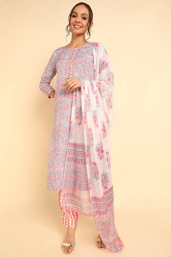 Women grey printed poly crepe stiched straight kurta trousers suit set