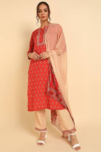 Women red printed poly crepe stiched straight kurta trousers suit set