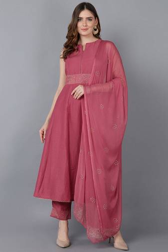 Women pink printed poly silk stiched anarkali kurta trousers suit set